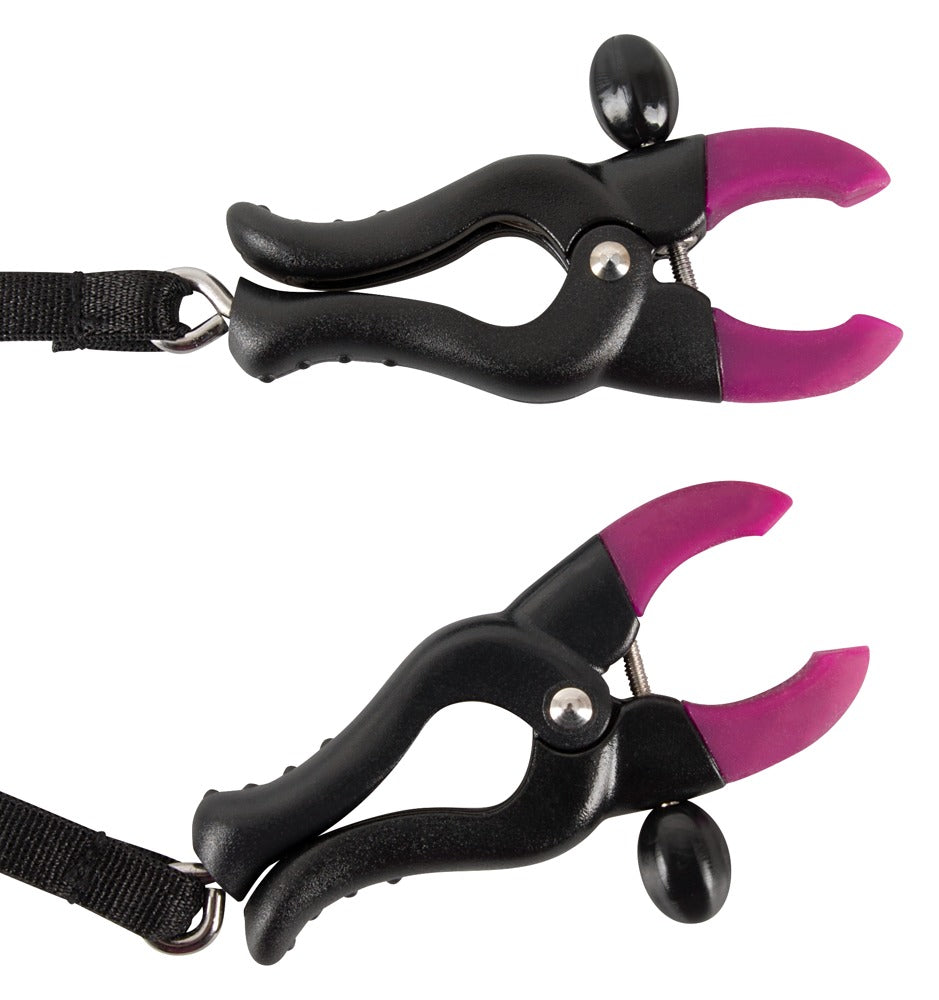 Bad Kitty Spreader String mit Vulvaklemmen, zwei freigestellte Detaildarstellungen der schwarzen Riemen und silberfarbenen Klemmen mit pinkfarbenen Markierungen – erhältlich bei Evoria Care