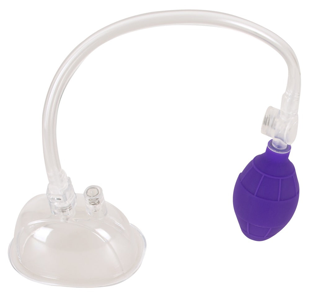 Bad Kitty Vagina Sucker transparenter Vulvasauger mit anatomisch geformter Saugschale, gebogenem Verbindungsschlauch und lilafarbener Handpumpe in seitlicher Produktansicht auf weißem Hintergrund – erhältlich bei Evoria Care