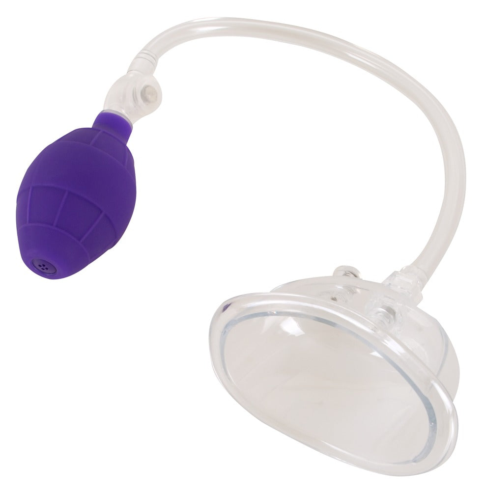 Bad Kitty Vagina Sucker anatomischer Vulvasauger mit transparenter ovaler Saugschale, flexiblem Verbindungsschlauch und lilafarbener Handpumpe zur manuellen Unterdruckerzeugung in freigestellter Gesamtansicht – erhältlich bei Evoria Care