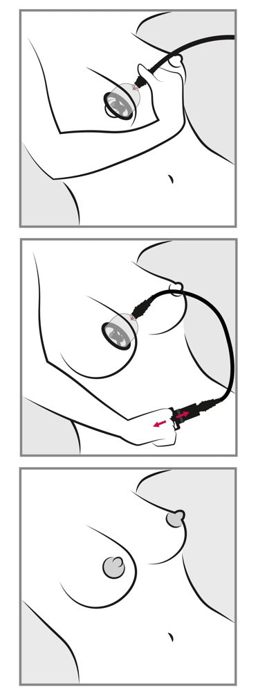 Bad Kitty Vibrating Nipple Cup Nippelsauger mit Vakuum und Vibration, schematische Schritt-für-Schritt-Anleitung mit mehreren Illustrationen zur Handhabung des Produkts – erhältlich bei Evoria Care
