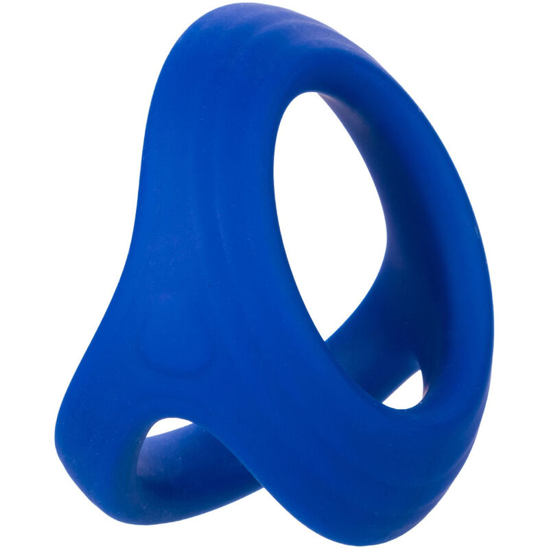 CalExotics Admiral flexibler Cock & Ball Dual Ring in Blau mit zwei verbundenen Öffnungen in der Gesamtansicht – erhältlich bei Evoria Care
