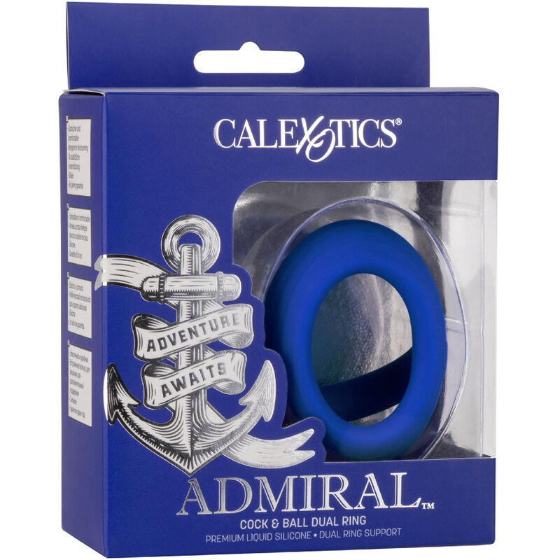 CalExotics Admiral flexibler Cock & Ball Dual Ring in Blau in der Originalverpackung – erhältlich bei Evoria Care