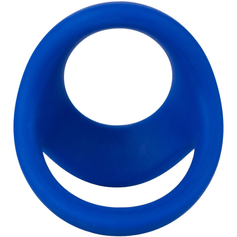 CalExotics Admiral flexibler Cock & Ball Dual Ring in Blau mit zwei unterschiedlich geformten Öffnungen in der Vorderansicht – erhältlich bei Evoria Care