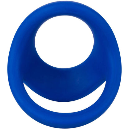 CalExotics Admiral flexibler Cock & Ball Dual Ring in Blau mit zwei unterschiedlich geformten Öffnungen in der Vorderansicht – erhältlich bei Evoria Care