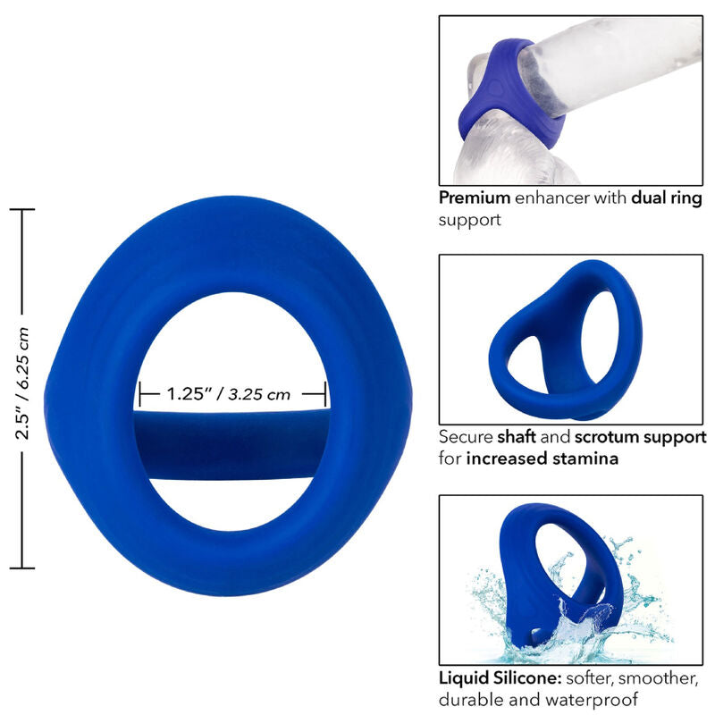 CalExotics Admiral Cock & Ball Dual Ring mit Produktgrafik zu Maßen, flexibler Konstruktion und Eigenschaften – erhältlich bei Evoria Care
