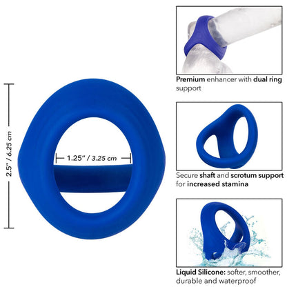 CalExotics Admiral Cock & Ball Dual Ring mit Produktgrafik zu Maßen, flexibler Konstruktion und Eigenschaften – erhältlich bei Evoria Care