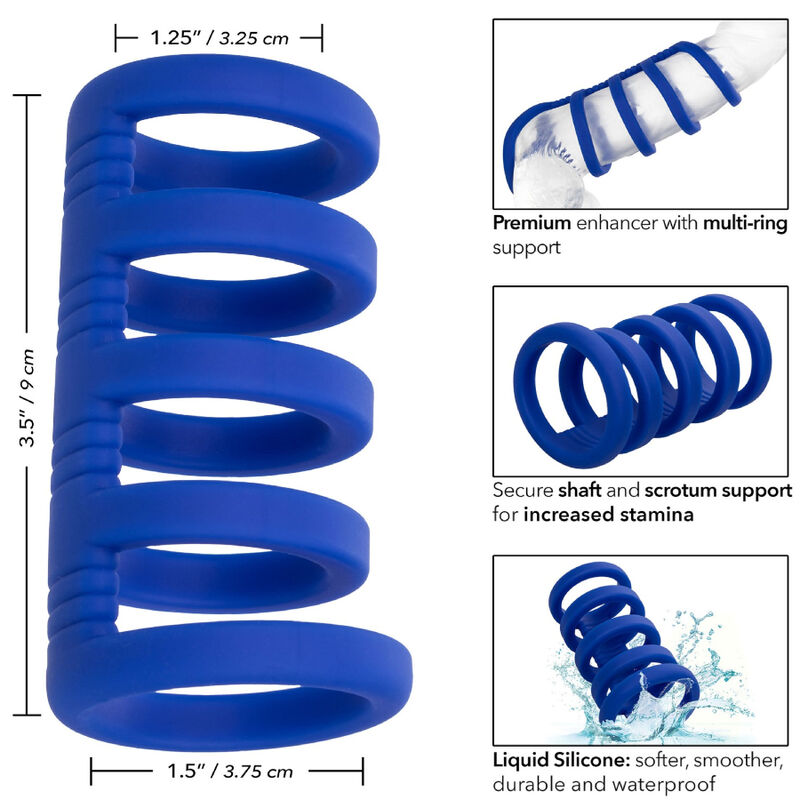 CalExotics Admiral Xtreme Cage mit Produktgrafik zu Maßen, elastischer Ringstruktur und Eigenschaften – erhältlich bei Evoria Care