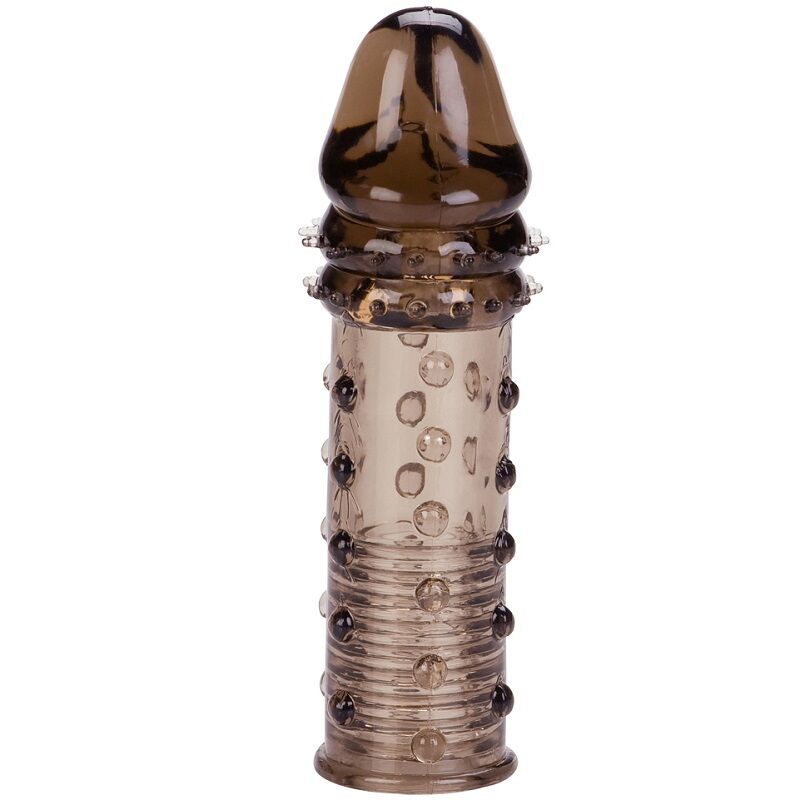 CALEXOTICS Adonis Extension Penishülle in Schwarz-Transparent mit strukturierter Oberfläche und Noppen in der Gesamtansicht – erhältlich bei Evoria Care