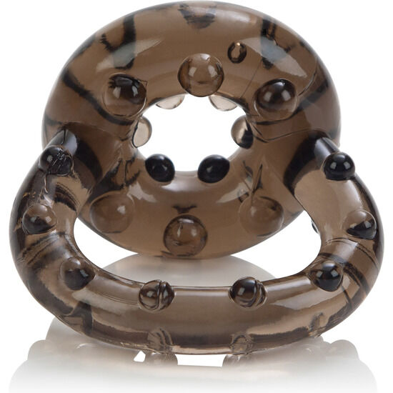 CalExotics All Star Enhancer Penis- & Hodenring in Schwarz-Transparent mit Noppenstruktur in schräger Perspektivansicht – erhältlich bei Evoria Care