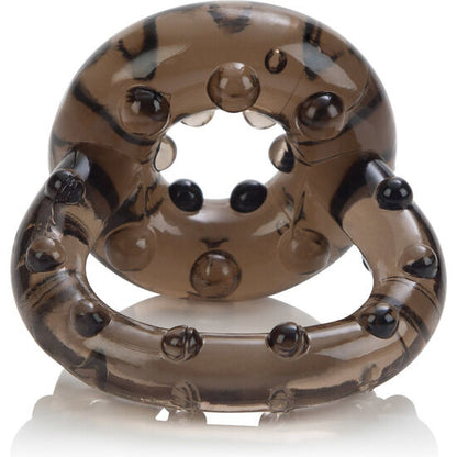CalExotics All Star Enhancer Penis- & Hodenring in Schwarz-Transparent mit Noppenstruktur in schräger Perspektivansicht – erhältlich bei Evoria Care