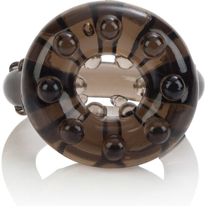 CalExotics All Star Enhancer Penis- & Hodenring in Schwarz-Transparent mit umlaufender Noppenstruktur in der Vorderansicht – erhältlich bei Evoria Care