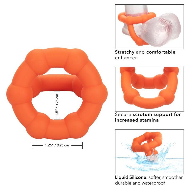 CalExotics Alpha Liquid Silicone All Star Penis- & Hodenring mit Produktgrafik zu Maßen und Eigenschaften – erhältlich bei Evoria Care