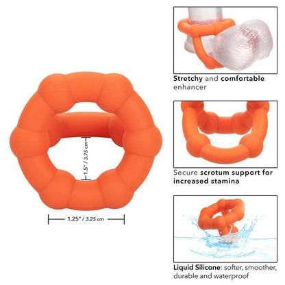 CalExotics Alpha Liquid Silicone All Star Penis- & Hodenring mit Produktgrafik zu Maßen und Eigenschaften – erhältlich bei Evoria Care