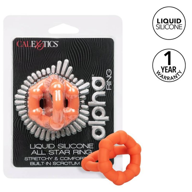 CalExotics Alpha Liquid Silicone All Star Penis- & Hodenring in Orange mit Originalverpackung – erhältlich bei Evoria Care