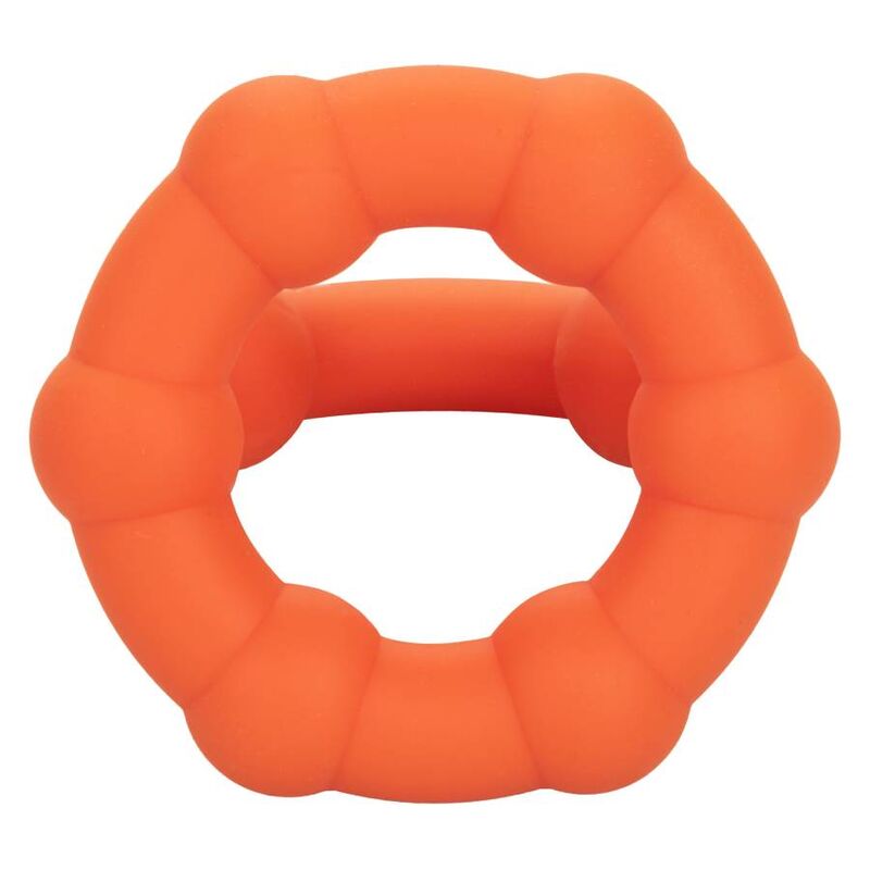 CalExotics Alpha Liquid Silicone All Star Ring in Orange mit strukturierter Form in der Vorderansicht – erhältlich bei Evoria Care