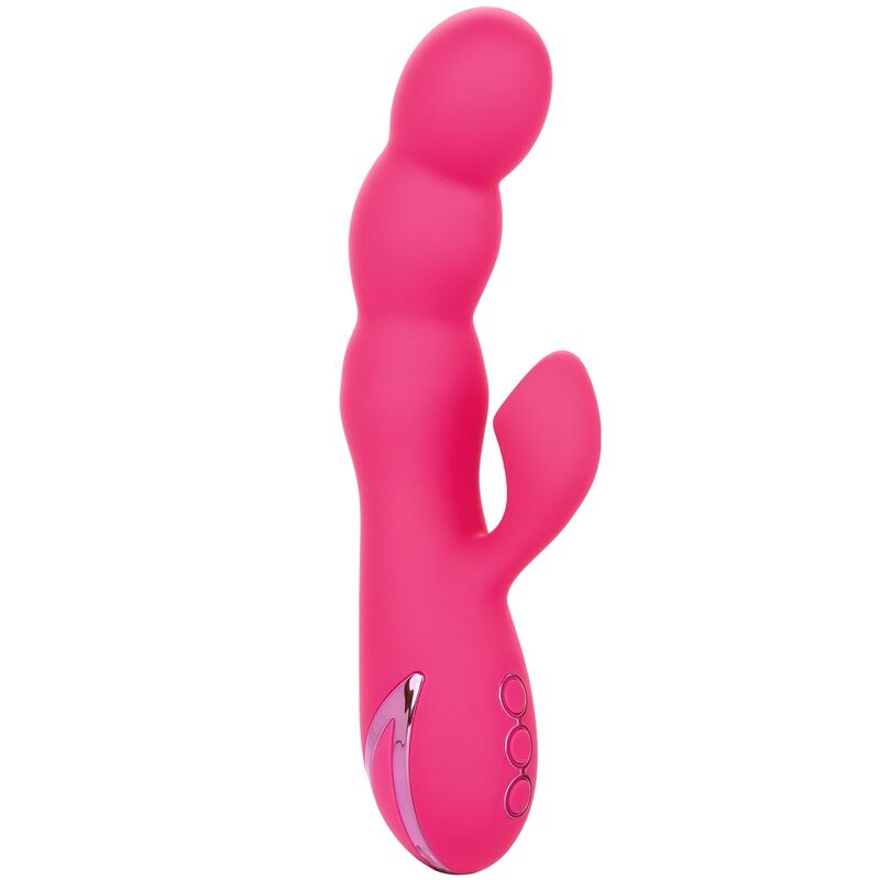 CALEXOTICS California Dreaming Oceanside Orgasm Vibrator in Pink mit geschwungener Form und zusätzlichem Stimulationsarm in der Gesamtansicht – erhältlich bei Evoria Care