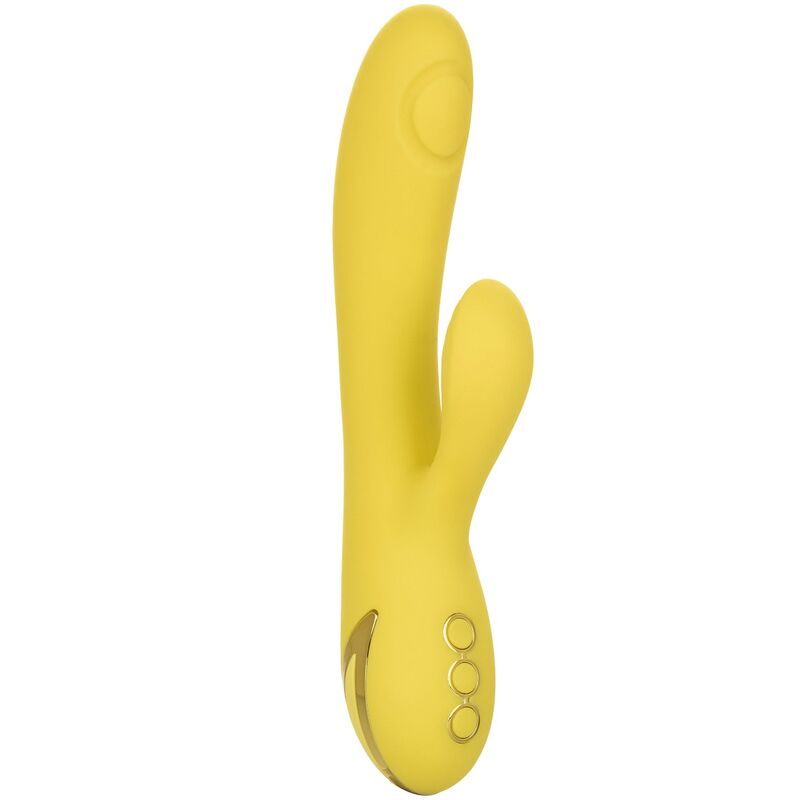 CALEXOTICS California Dreaming San Diego Seduction Vibrator in Gelb mit zusätzlichem Stimulationsarm in der Gesamtansicht – erhältlich bei Evoria Care
