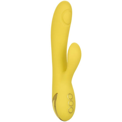 CALEXOTICS California Dreaming San Diego Seduction Vibrator in Gelb mit zusätzlichem Stimulationsarm in der Gesamtansicht – erhältlich bei Evoria Care