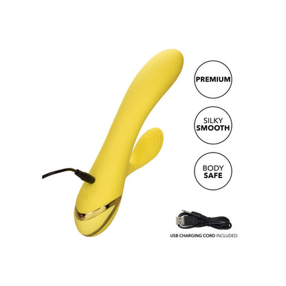 CALEXOTICS California Dreaming San Diego Seduction Vibrator in Gelb mit Ladekabel und Übersicht der Produkteigenschaften – erhältlich bei Evoria Care