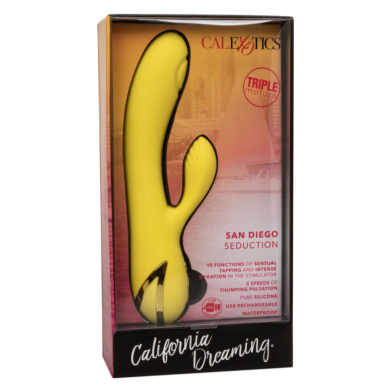 CALEXOTICS California Dreaming San Diego Seduction Vibrator in Gelb in der Originalverpackung – erhältlich bei Evoria Care