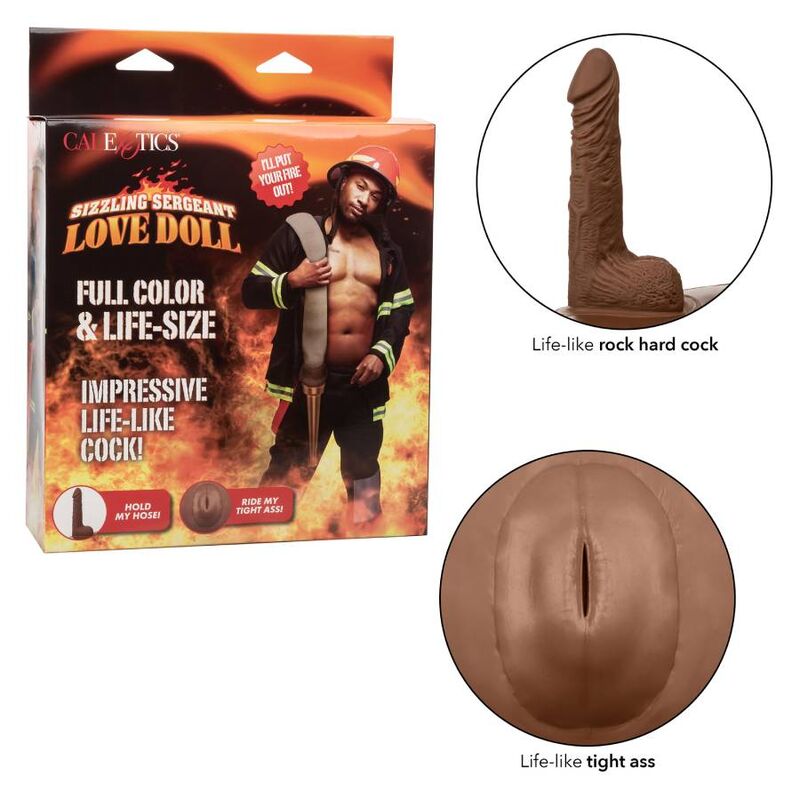 CALEXOTICS Sizzling Sergeant Love Doll Model 2 mit Produktdarstellung und Detailansichten der körpernahen Formen – erhältlich bei Evoria Care