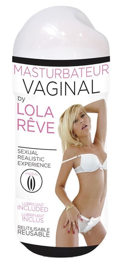 DORCEL Lola Rêve – realistischer Vaginal-Masturbator mit strukturierter Innenfläche in weißer zylindrischer Originalverpackung mit schwarz-rosafarbener Produktbeschriftung und Modelabbildung auf der Vorderseite – erhältlich bei Evoria Care