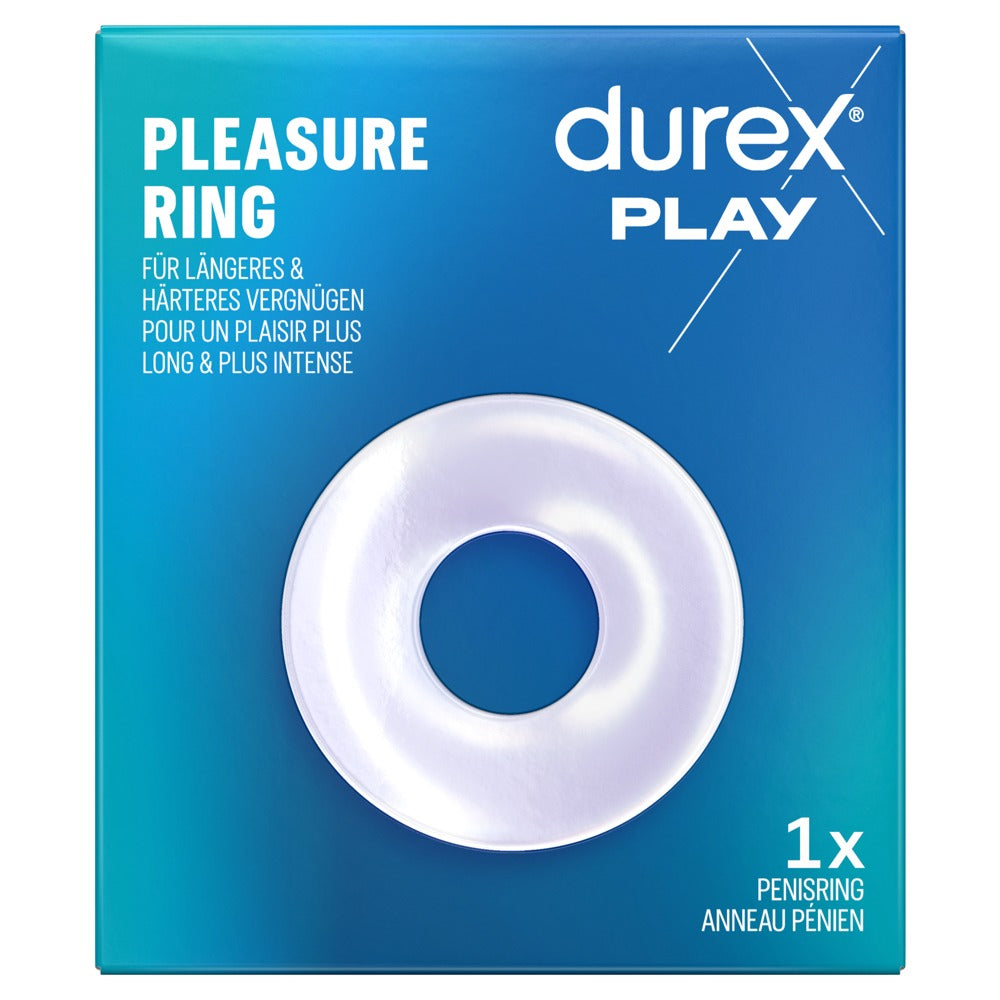 DUREX Pleasure Ring – türkisblaue Originalverpackung mit großflächiger Abbildung des blau-weißen Penisrings, runder Ringöffnung und DUREX Pleasure Ring Schriftzug – erhältlich bei Evoria Care