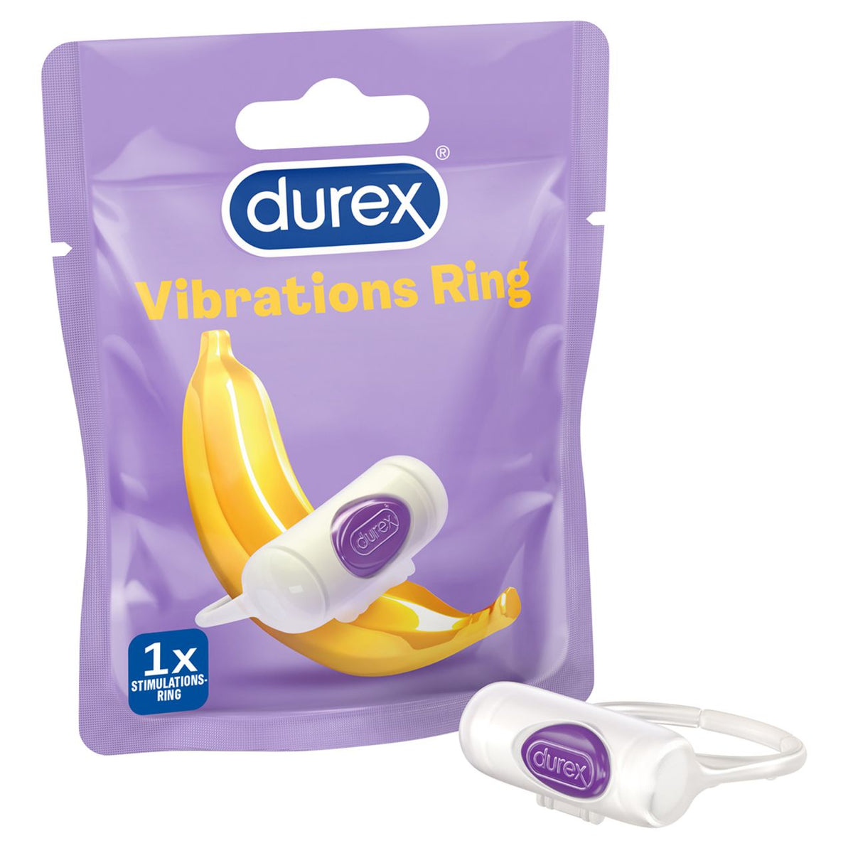 DUREX Vibrations Ring – lilafarbene Originalverpackung des vibrierenden Penisrings mit Abbildung eines transparenten elastischen Rings, integriertem lilafarbenem Vibrationsmodul, gelbem Designelement und DUREX Markenlogo – erhältlich bei Evoria Care