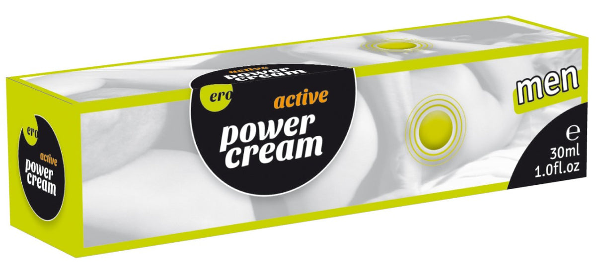 ERO by HOT ACTIVE POWER CREAM – rechteckige Originalverpackung der Intimpflegecreme für Männer in Weiß, Schwarz und Neongelb mit schwarzem Active Power Cream Etikett, gelben Grafikelementen und sichtbarer Seitenfläche in schräger Produktansicht auf weißem Hintergrund – erhältlich bei Evoria Care