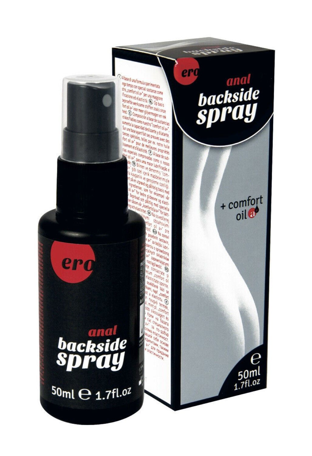 ERO by HOT Back Side Spray – schwarze Sprühflasche des Anal-Pflegesprays mit Aloe Vera, transparentem Schutzdeckel und weißer Produktbeschriftung, gemeinsam mit der silberfarbenen Originalverpackung mit schwarzem Backside Spray Etikett in weiterer Produktansicht – erhältlich bei Evoria Care