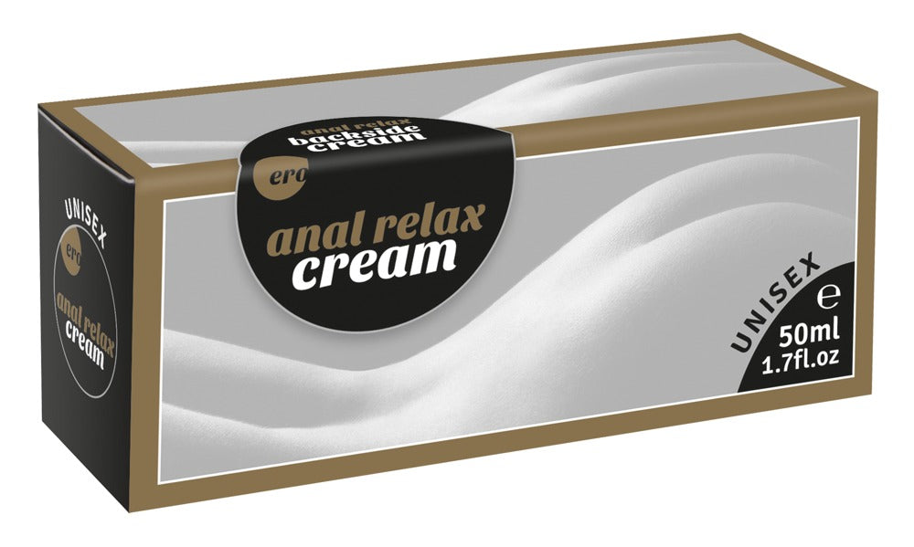 ERO by HOT Backside Anal Relax – rechteckige Originalverpackung der reichhaltigen Anal-Gleitcreme in Schwarz, Gold und Weiß mit Backside Cream Schriftzug und dekorativem Grafikmotiv in schräger Produktansicht auf weißem Hintergrund – erhältlich bei Evoria Care