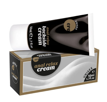 ERO by HOT Backside Anal Relax – schwarze Tube der Anal-Gleitcreme gemeinsam mit der schwarz-gold-weißen Originalverpackung mit Backside Cream Schriftzug in liegender Produktpräsentation auf weißem Hintergrund – erhältlich bei Evoria Care