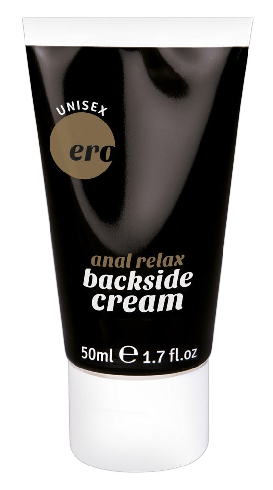 ERO by HOT Backside Anal Relax – schwarze Produkttube der reichhaltigen Anal-Gleitcreme mit weißer Produktbeschriftung, goldfarbenen Designelementen und hellem Verschluss in einer weiteren aufrechten Produktansicht – erhältlich bei Evoria Care