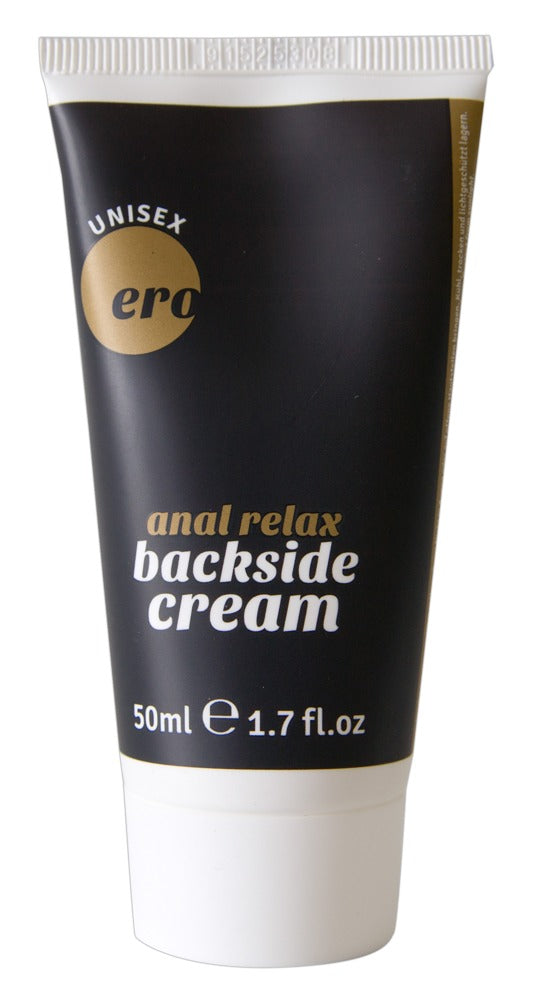 ERO by HOT Backside Anal Relax – schwarze Tube der Anal-Gleitcreme mit goldfarbenem Markenelement, weißem Backside Cream Schriftzug und hellem Verschluss in aufrechter Vorderansicht auf weißem Hintergrund – erhältlich bei Evoria Care
