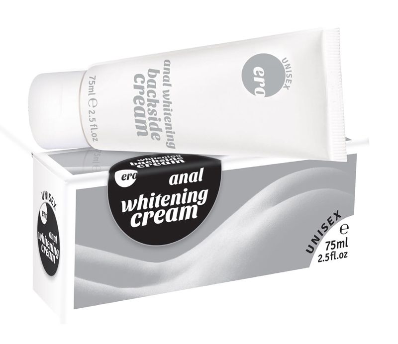 ERO by HOT Backside – weiß-silberne Originalverpackung der Whitening Cream mit schwarzem Produktetikett, grauem Grafikdesign und seitlich sichtbaren Verpackungsdetails in alternativer Schrägansicht – erhältlich bei Evoria Care