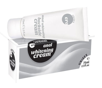 ERO by HOT Backside – weiß-silberne Originalverpackung der Whitening Cream mit schwarzem Produktetikett, grauem Grafikdesign und seitlich sichtbaren Verpackungsdetails in alternativer Schrägansicht – erhältlich bei Evoria Care