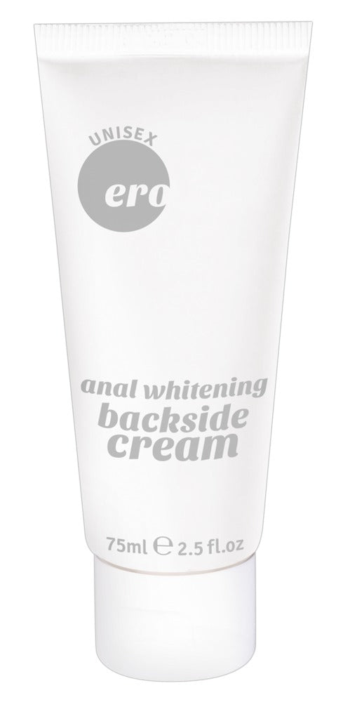 ERO by HOT Backside – weiße Tube der Intim-Aufhellungscreme mit dezenter grauer Produktbeschriftung, schwarzem Markenelement und weißem Verschluss in aufrechter Vorderansicht auf weißem Hintergrund – erhältlich bei Evoria Care