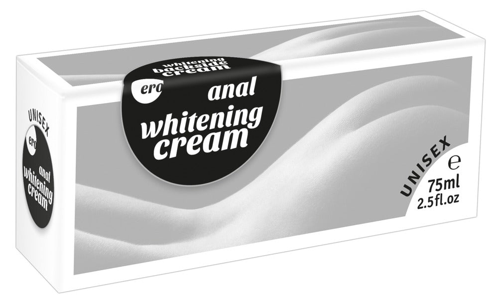 ERO by HOT Backside – weiß-silberne Originalverpackung der Intim-Aufhellungscreme mit schwarzem Whitening Cream Schriftzug, geschwungenen grauen Designelementen und Produktinformationen in schräger Ansicht auf weißem Hintergrund – erhältlich bei Evoria Care