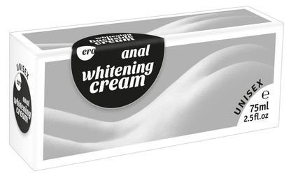 ERO by HOT Backside – weiß-silberne Originalverpackung der Intim-Aufhellungscreme mit schwarzem Whitening Cream Schriftzug, geschwungenen grauen Designelementen und Produktinformationen in schräger Ansicht auf weißem Hintergrund – erhältlich bei Evoria Care