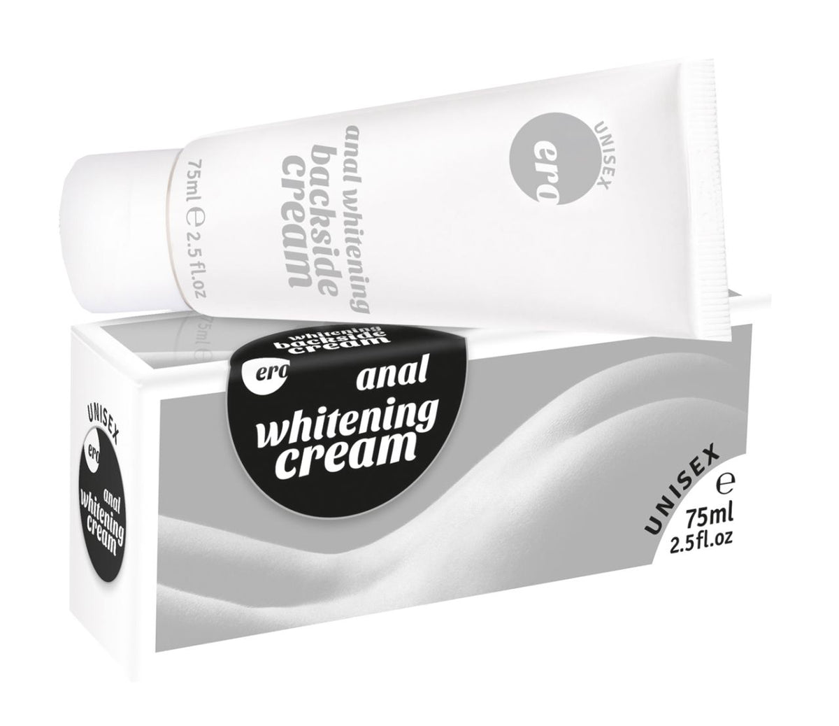 ERO by HOT Backside – rechteckige weiß-silberne Originalverpackung mit schwarzem Whitening Cream Schriftzug, grauen Designelementen und sichtbarer Seitenfläche in einer weiteren Produktperspektive – erhältlich bei Evoria Care