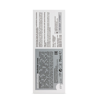 ERO by HOT Backside – Rückseite der weißen Intim-Aufhellungscreme-Tube mit aufgedruckten Produktinformationen, Inhaltsstoffangaben, schwarzem Text und weißem Verschluss in aufrechter Detailansicht – erhältlich bei Evoria Care