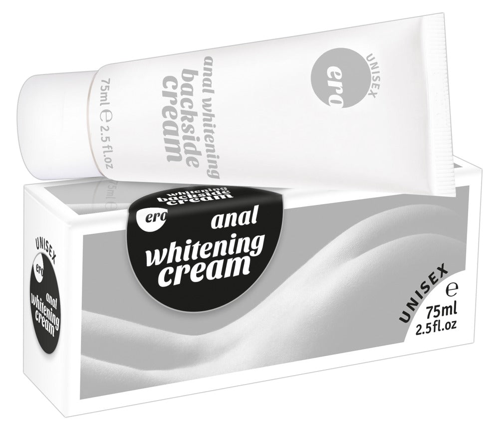 ERO by HOT Backside – weiß-silberne Verpackung der Intim-Aufhellungscreme mit schwarzem Whitening Cream Schriftzug und sichtbarer seitlicher Verpackungsfläche in einer weiteren schrägen Produktansicht – erhältlich bei Evoria Care