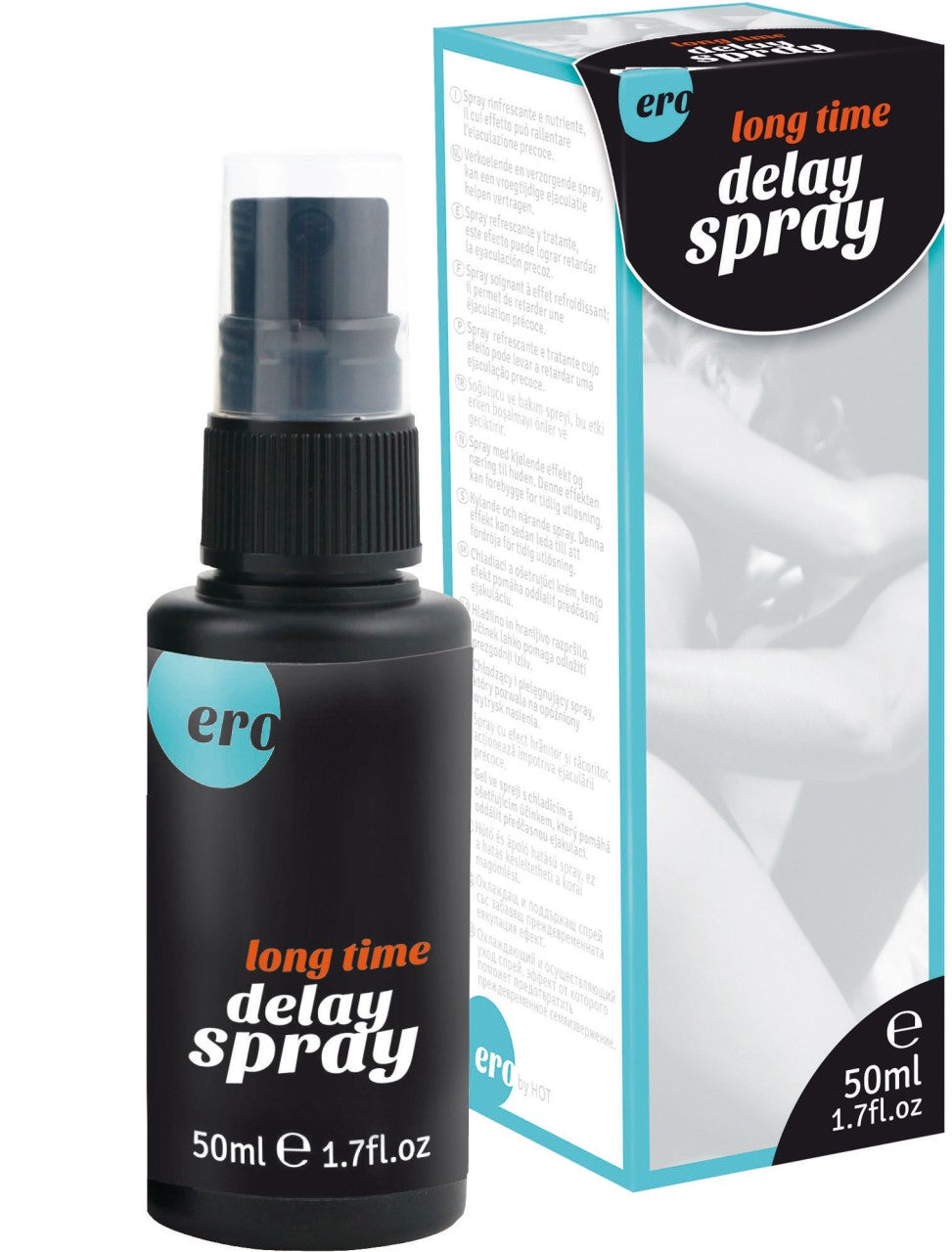 ERO by HOT Delay Spray – schwarze Sprühflasche mit orangefarbener Produktbeschriftung und transparentem Schutzdeckel, gemeinsam mit der Originalverpackung mit schwarzem Delay Spray Etikett und türkisfarbenen Designelementen in frontaler Produktansicht – erhältlich bei Evoria Care