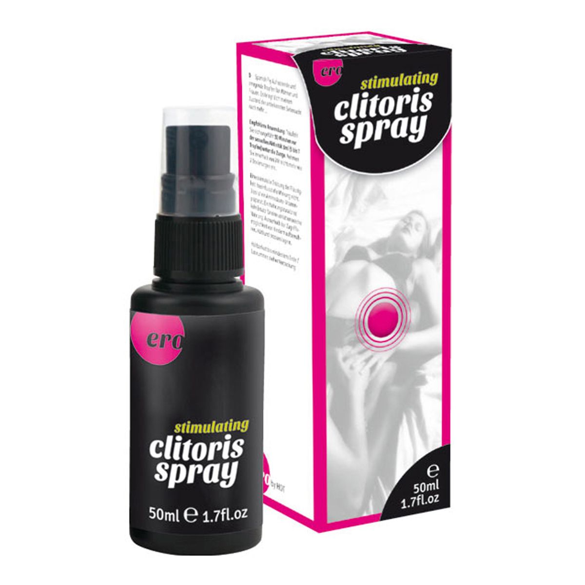 ERO by HOT Klitoris-Spray – schwarze Sprühflasche des wärmenden Stimulationssprays mit pinkfarbenem Etikett und transparentem Schutzdeckel, gemeinsam mit der weiß-pinkfarbenen Originalverpackung in einer weiteren Produktperspektive – erhältlich bei Evoria Care