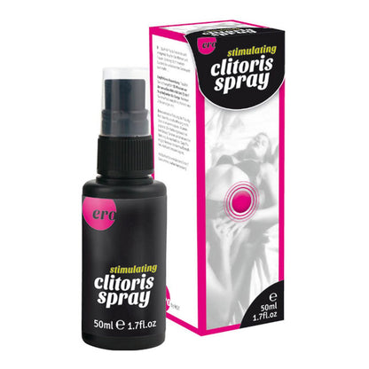 ERO by HOT Klitoris-Spray – schwarze Sprühflasche des wärmenden Stimulationssprays mit pinkfarbenem Etikett und transparentem Schutzdeckel, gemeinsam mit der weiß-pinkfarbenen Originalverpackung in einer weiteren Produktperspektive – erhältlich bei Evoria Care