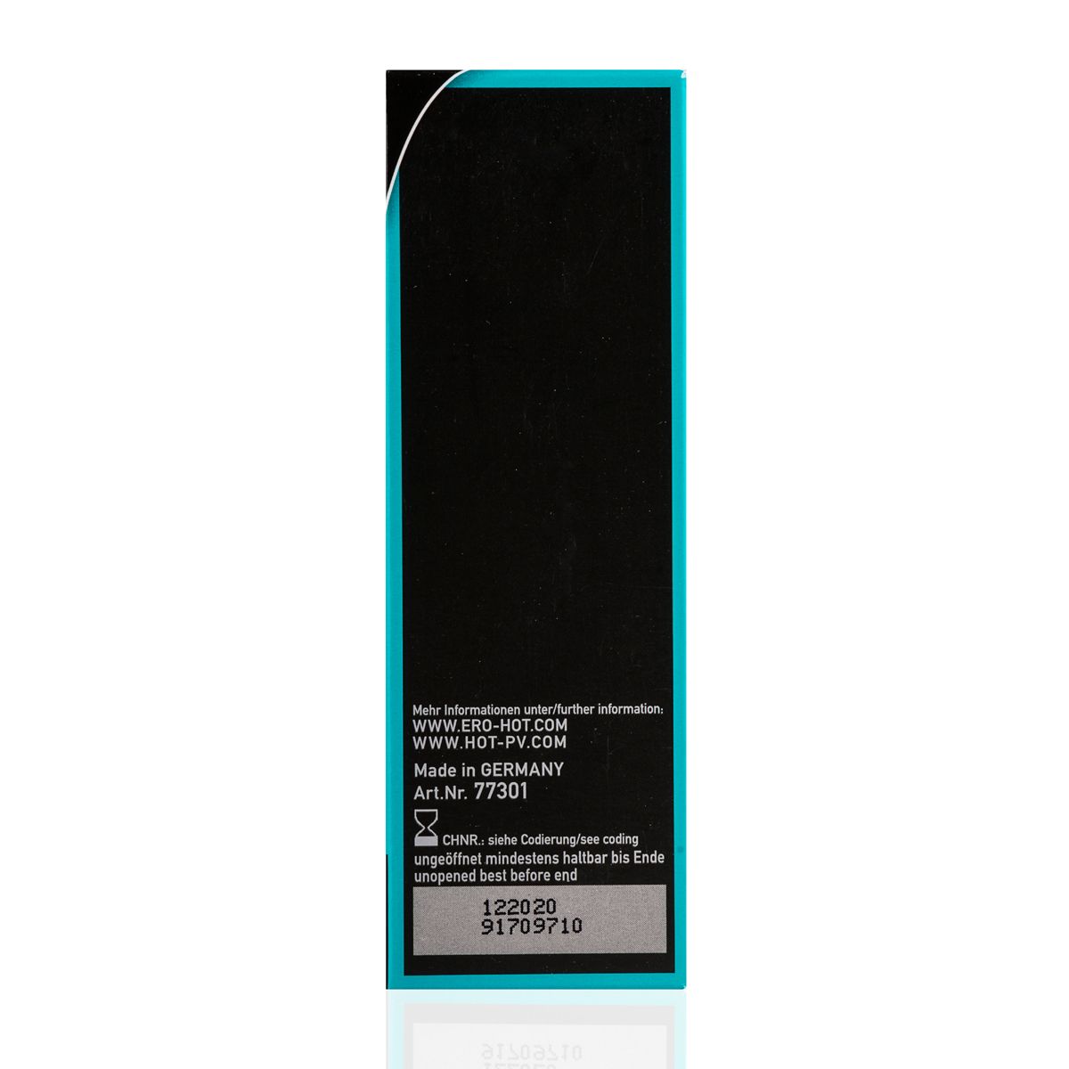 ERO by HOT MARATHON Spray – schmale schwarze Seitenfläche der Originalverpackung mit türkisfarbenem oberen Bereich und dezenter Produktgestaltung auf weißem Hintergrund – erhältlich bei Evoria Care