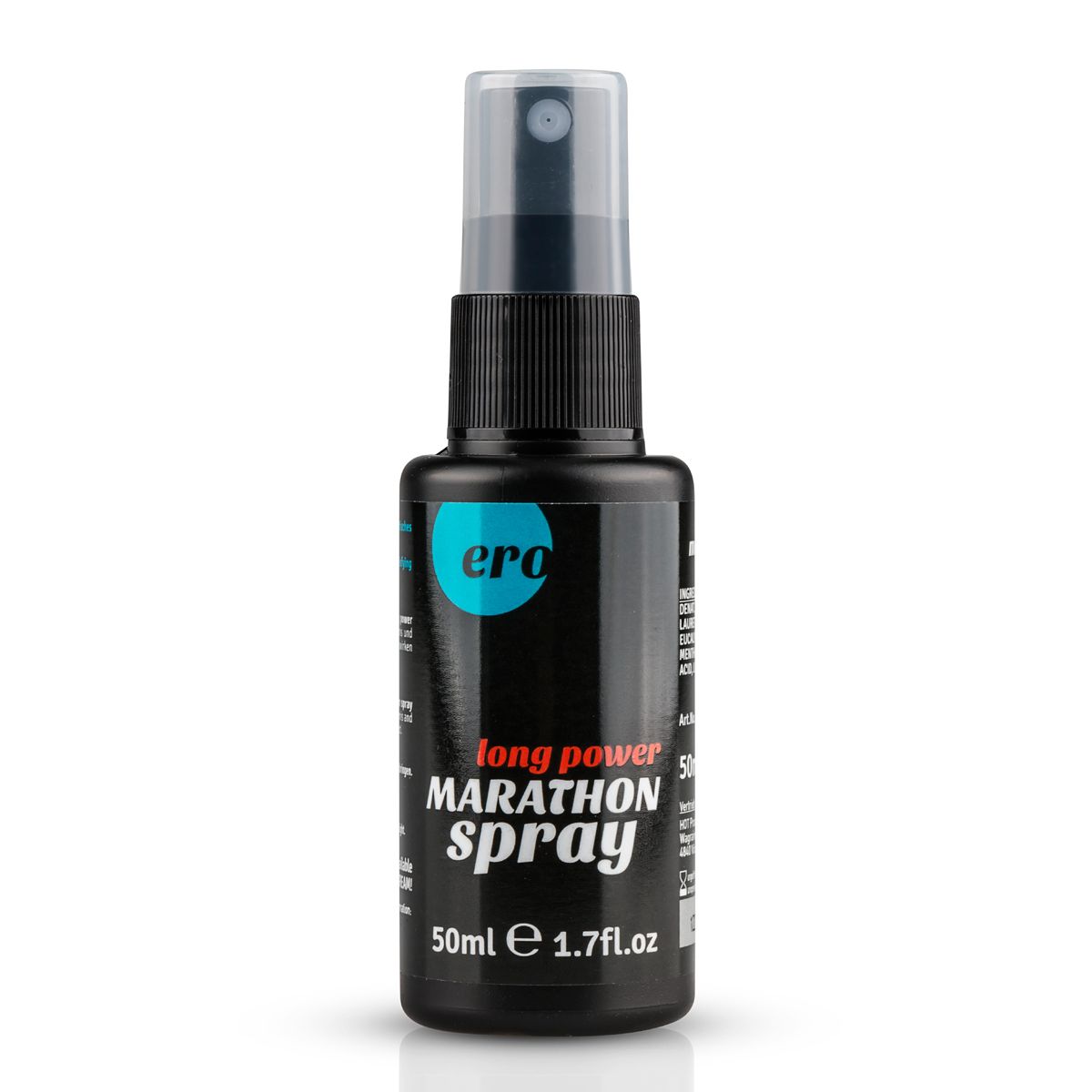 ERO by HOT MARATHON Spray – schwarze Sprühflasche mit weißem Marathon Spray Schriftzug, türkisfarbenem Markenelement und transparentem Schutzdeckel in aufrechter Vorderansicht – erhältlich bei Evoria Care