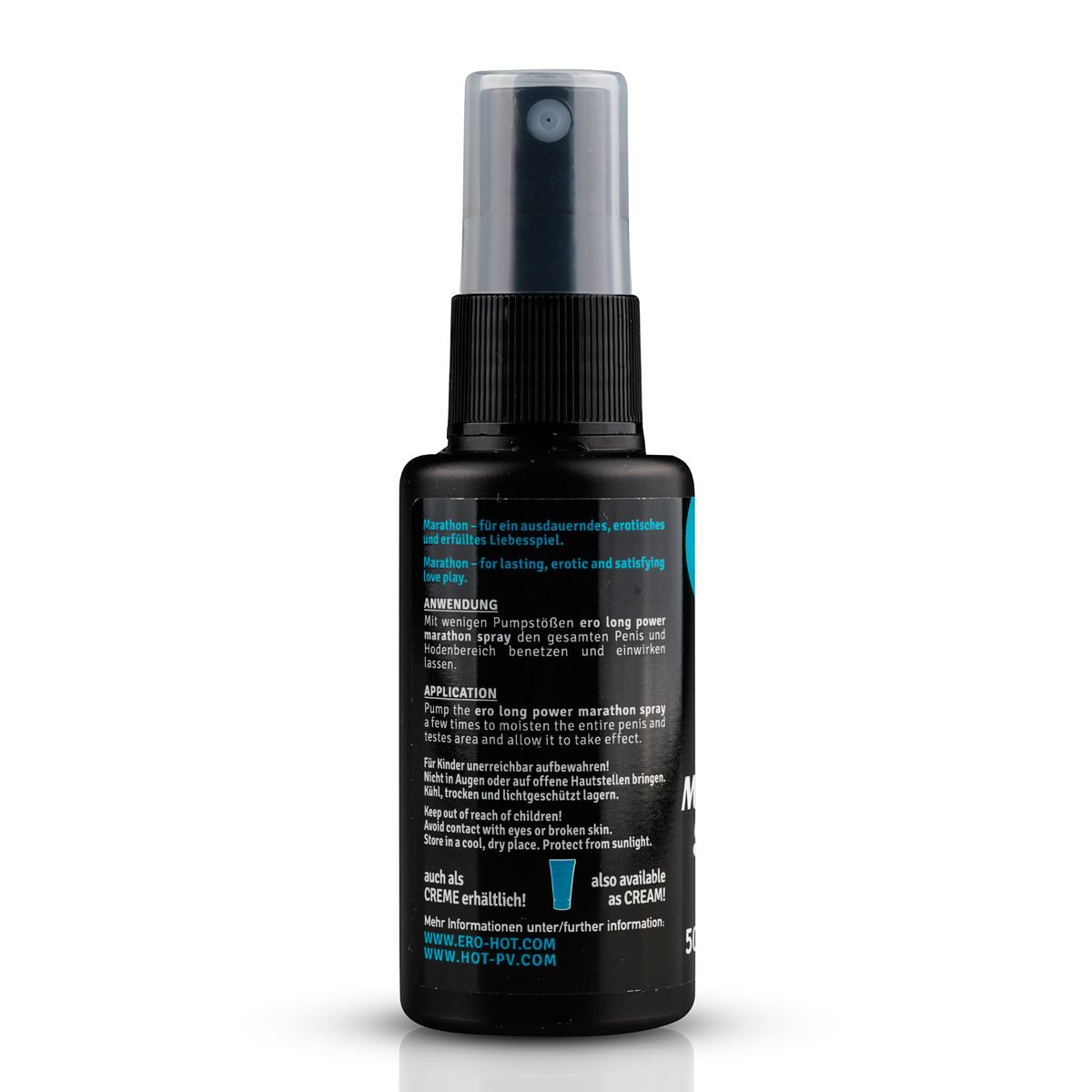 ERO by HOT MARATHON Spray – schwarze Sprühflasche mit türkisfarbenen Designelementen, seitlicher Produktbeschriftung und transparentem Schutzdeckel in einer weiteren aufrechten Produktperspektive – erhältlich bei Evoria Care