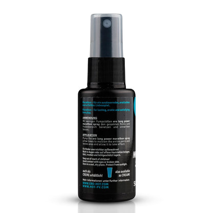 ERO by HOT MARATHON Spray – schwarze Sprühflasche mit türkisfarbenen Designelementen, seitlicher Produktbeschriftung und transparentem Schutzdeckel in einer weiteren aufrechten Produktperspektive – erhältlich bei Evoria Care