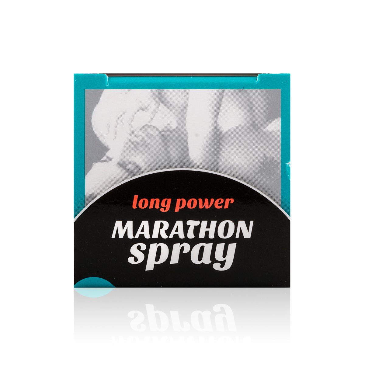ERO by HOT MARATHON Spray – Detailansicht der türkisfarben umrandeten Verpackungsoberseite mit schwarzem Etikett und weißem Marathon Spray Schriftzug – erhältlich bei Evoria Care